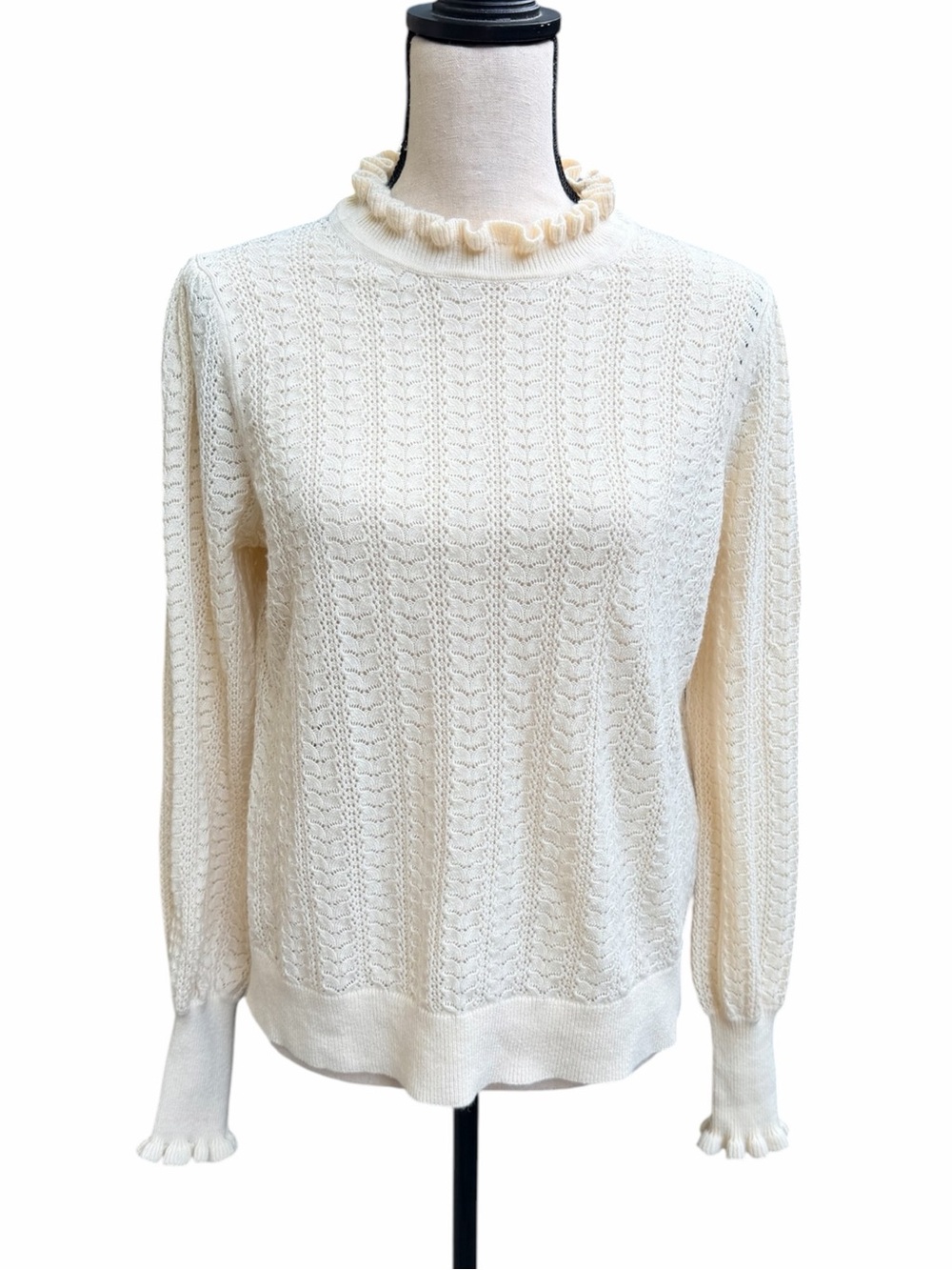 Boden Tia Pointelle Frilled Jumper Sweater Ivory Cream Knit Size Medium - Picture 1 of 8